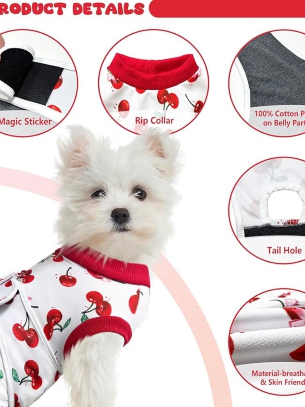 Dog Recovery Suit Small Cherry Print Surgery Onesie NWOT - Picture 4 of 16